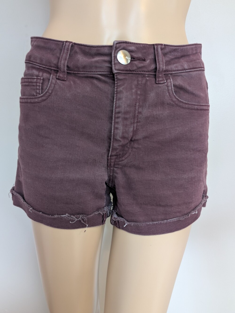 American Eagle Outfitters Maroon/Burgundy High-Rise Rolled Hem Denim Shorts-sz 4